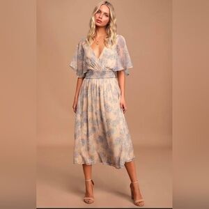 Lulu's Subtle Romance Beige Blue Floral Print Ruffled Flowy Midi Dress size L